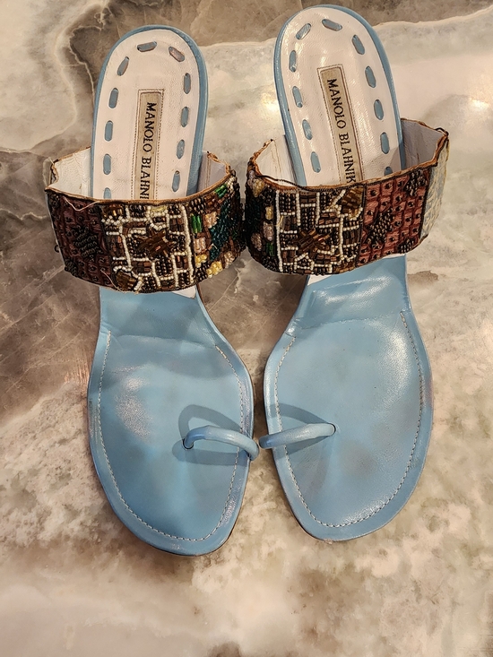 Manolo Blahnik Shoes - Manolo Blahnik Blue Beaded Strap Toe-Loop Sandals